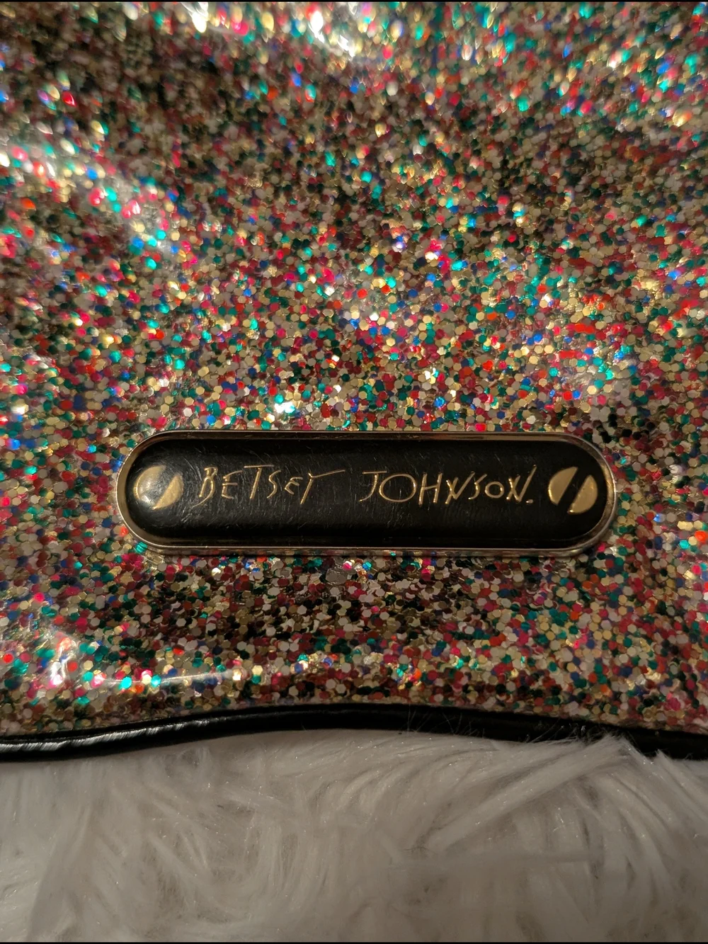 Betsey Johnson Multicolor Glitter Cosmetic Pouch with Black Trim
